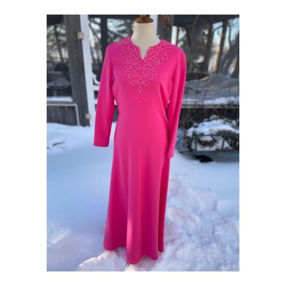 True Vintage Hot Pink Maxi Dress Long Sleeve Soutache Neckline Detail Fitted - Picture 2 of 10